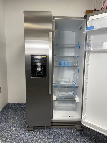 A view of the interior of the Whirlpool WRS315SDHZ refrigerator, highlighting the interior LED lighting and glass shelves. On sale at Appliance Shark - Scratch & Dent store | Kansas City.