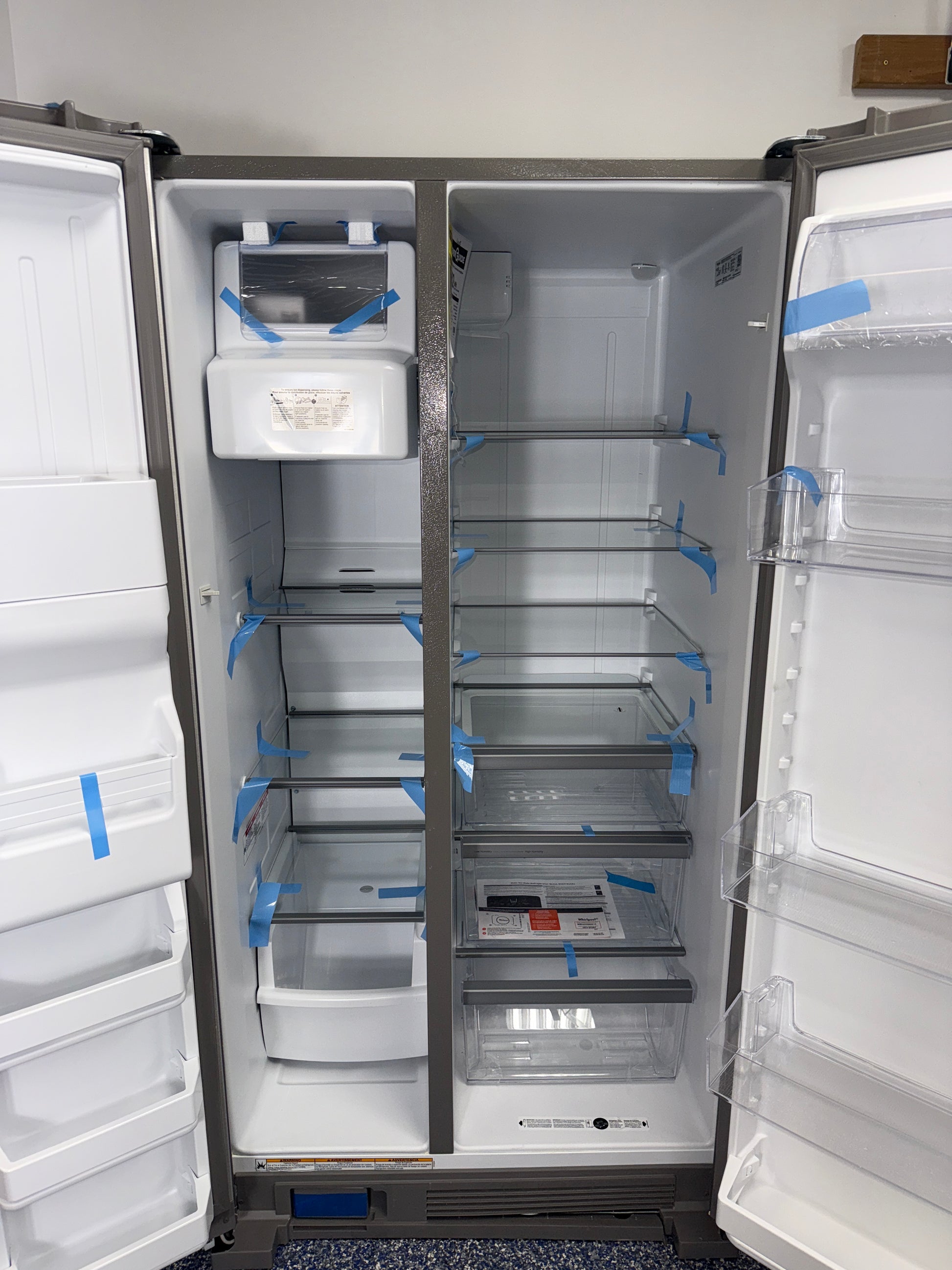 Whirlpool WRS325SDHZ13 wall-to-wall frameless glass shelves interior view Kansas City home