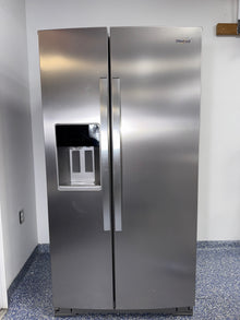 The WHIRLPOOL WRSF5536RZ refrigerator from the front, a side-by-side model with an exterior ice and water dispenser for a great deal in Kansas.