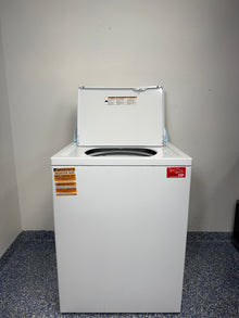 Top view of the Whirlpool WTW4816FW washer with its lid open, showing the spacious porcelain tub and dual-action agitator. On sale at Appliance Shark - Scratch &amp; Dent store | Kansas City.