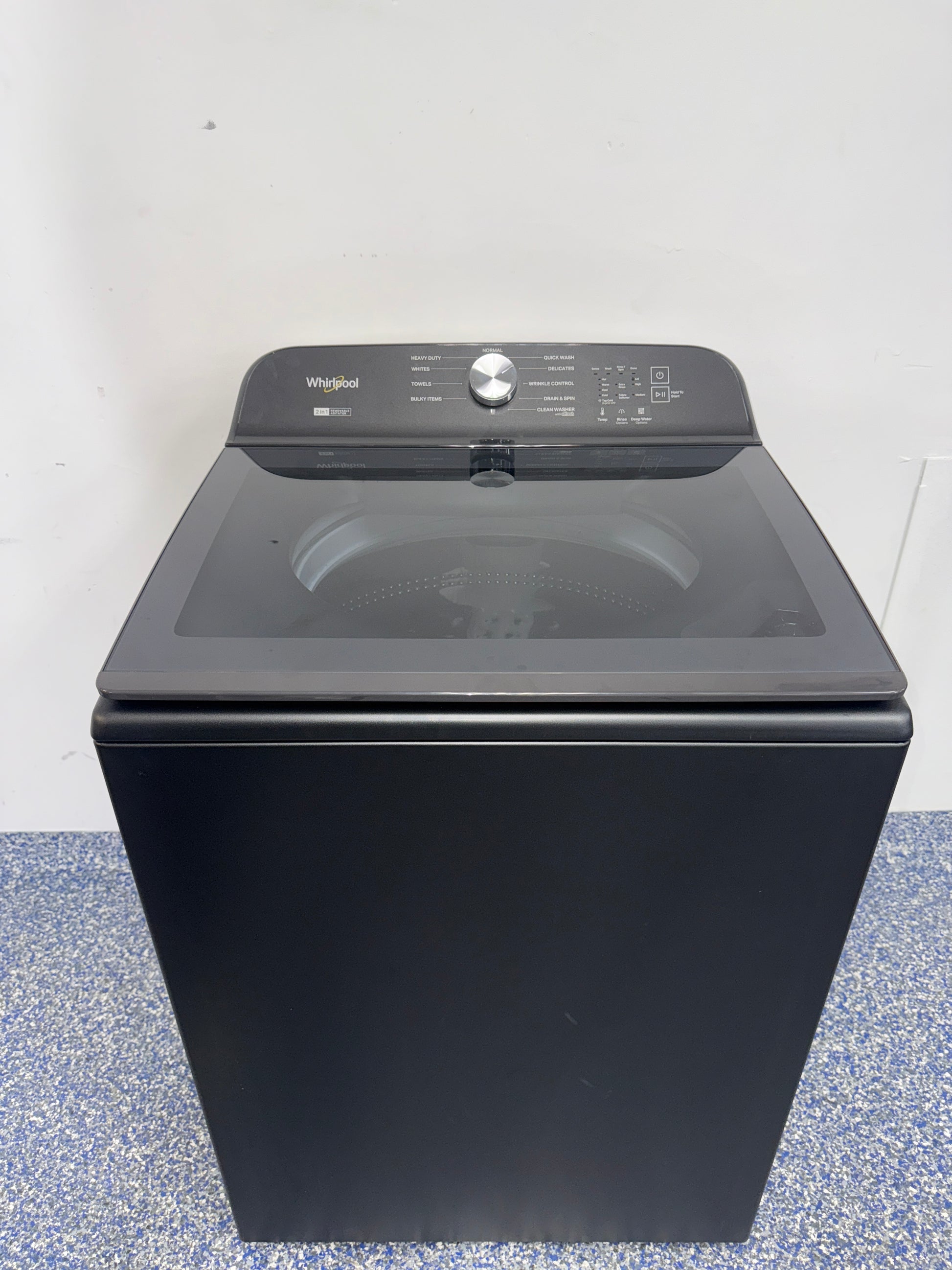 Whirlpool WTW6157PB top-load washer front view Volcano Black Kansas City laundry room